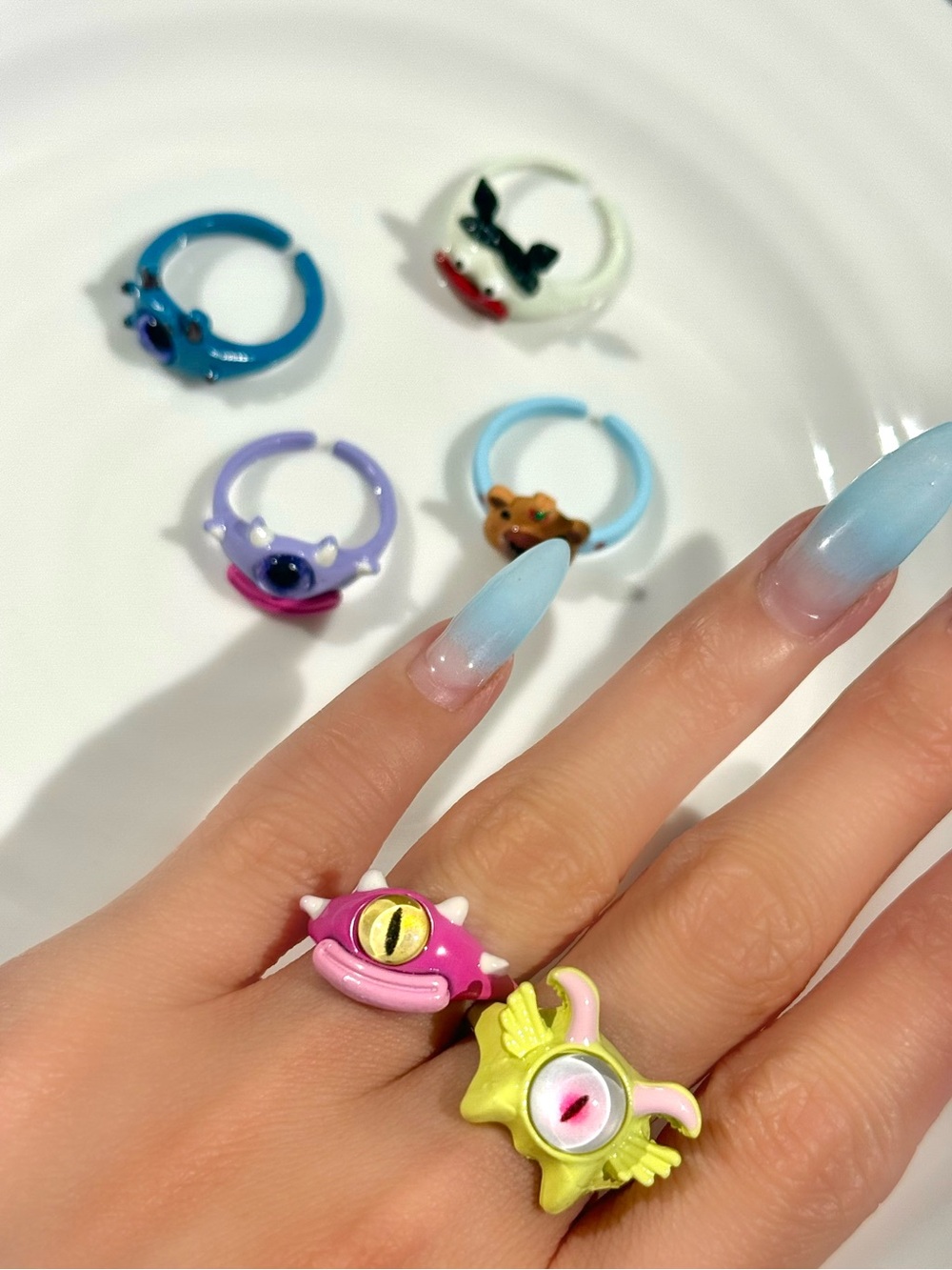 Cute Adjustable Cartoon Monster Ring Set of 6 | Kawaii Y2K Statement Rings